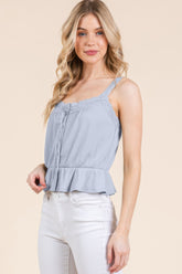 Lace Peplum Tie Front Ribbed Cami Top in Blue Simmer & Fay